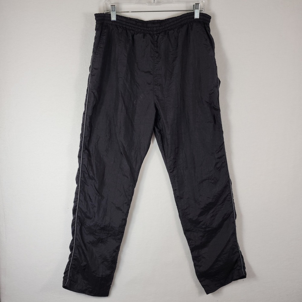 Black Track Pants Men Medium Nylon Lined Athletic Joggers 90s Activewear Retro